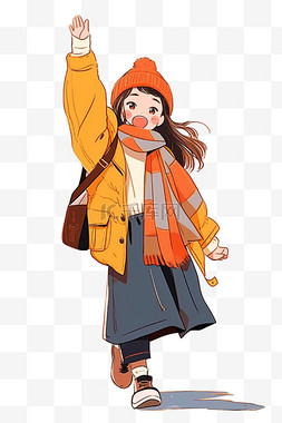 纯色背景橙色图片_可爱女孩简约手绘元素冬天