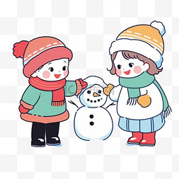 雪地里可爱的孩子堆雪人卡通冬天