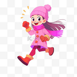 冬天帽子围巾图片_可爱女孩奔跑卡通冬天手绘元素