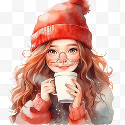 冬天新年可爱女孩手绘元素咖啡