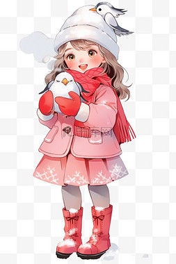 冬天可爱女孩放鸽子手绘卡通元素