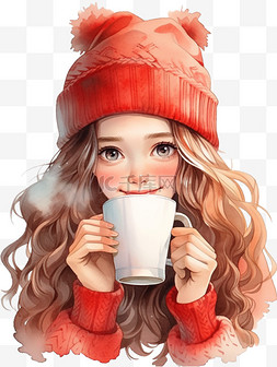 可爱女孩冬天新年咖啡手绘元素