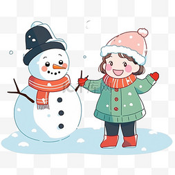 冬天雪地里卡通可爱的孩子堆雪人