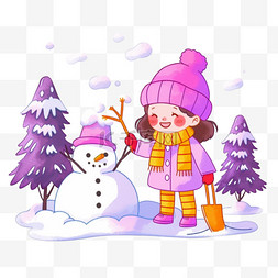 黑色小帽子卡通图片_手绘元素雪地里可爱孩子堆雪人卡