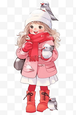 冬天可爱女孩卡通放鸽子手绘元素