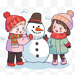 卡通手绘的数字图片_冬天可爱的孩子雪地里堆雪人卡通