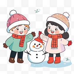 雪地里可爱的孩子堆雪人冬天卡通