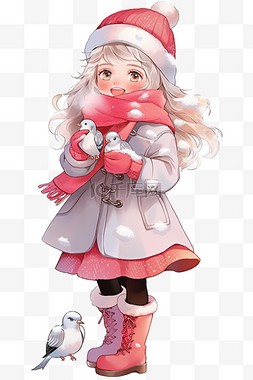 冬天卡通可爱女孩放鸽子手绘元素