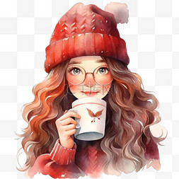 可爱手绘戴眼镜图片_冬天新年元素可爱女孩咖啡手绘