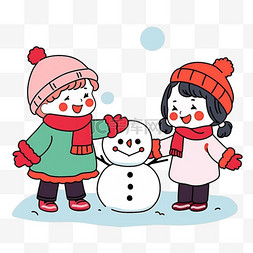 卡通手绘的数字图片_冬天雪地里可爱的孩子卡通堆雪人