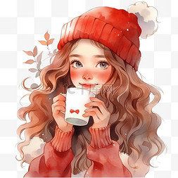 红色咖啡杯咖啡杯图片_冬天元素新年可爱女孩咖啡手绘