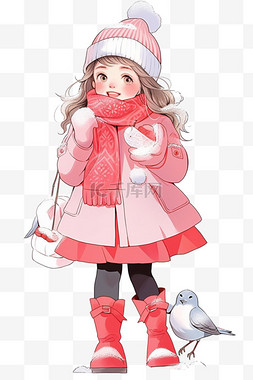 可爱女孩放鸽子卡通手绘冬天元素