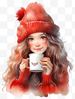 冬天新年可爱女孩咖啡元素手绘