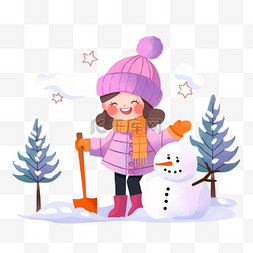 黄色小帽子图片_手绘雪地里可爱孩子堆雪人卡通元