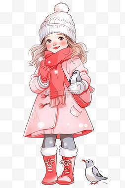 可爱女孩放鸽子卡通手绘元素冬天