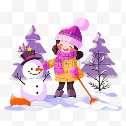 紫色雪地图片_可爱孩子堆雪人卡通手绘雪地里元