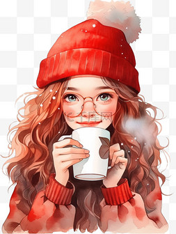 元素冬天新年可爱女孩咖啡手绘