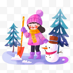 紫色雪地图片_雪地里可爱孩子堆雪人手绘卡通元