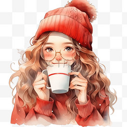 可爱手绘戴眼镜图片_冬天新年手绘元素可爱女孩咖啡