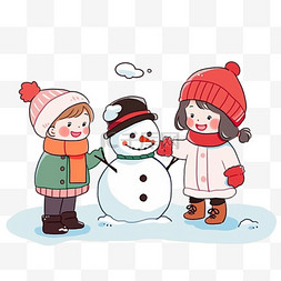 冬天可爱的孩子堆雪人卡通雪地里