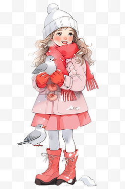 冬天可爱女孩放鸽子卡通元素手绘