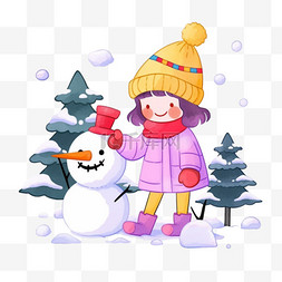 手绘雪地女孩图片_卡通手绘雪地里可爱孩子堆雪人元