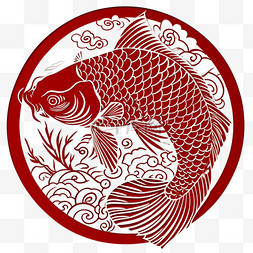 红色剪纸鲤鱼图片_红色新年国风传统窗花鲤鱼剪纸图