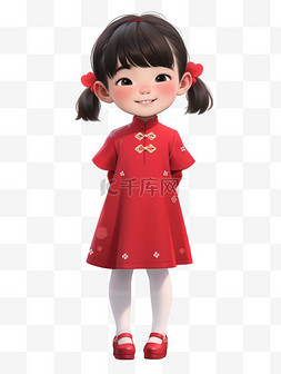 卡通女孩红衣图片_新年穿着红色喜庆服装的孩子元素