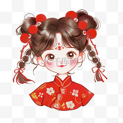中式花纹红图片_新年元素可爱女孩卡通手绘