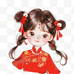 中式花纹红图片_可爱女孩卡通手绘新年元素
