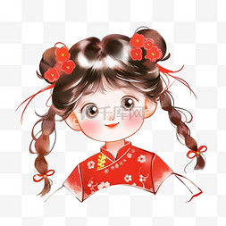 中式花纹红图片_新年可爱女孩手绘卡通元素