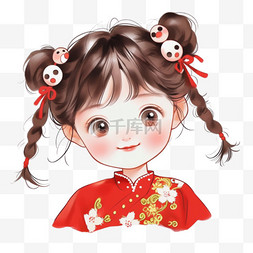 中式花纹红图片_新年可爱女孩手绘元素卡通