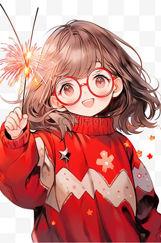 女孩新年烟花手绘免抠元素