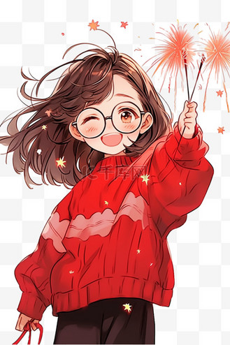 女孩烟花手绘免抠元素新年