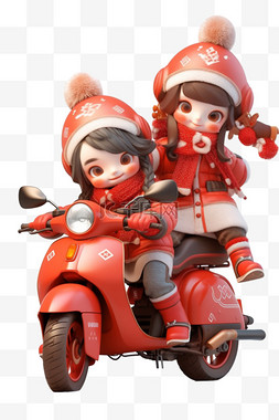 新年立体可爱孩子摩托车免抠元素