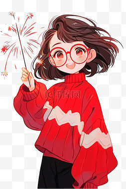 卡通女孩烟花图片_新年女孩烟花免抠手绘元素