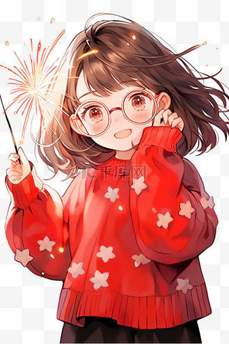 新年女孩烟花手绘免抠元素