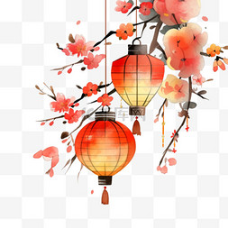 梅花灯笼水彩画新年春节装饰元素