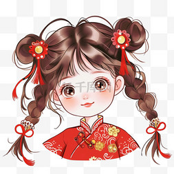 红色背景中式花纹图片_手绘新年可爱女孩卡通元素