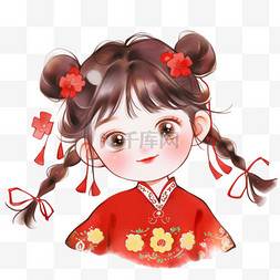 中式花纹红图片_可爱女孩新年卡通手绘元素
