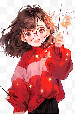 瘦女孩照镜子图片_新年女孩烟花手绘元素免抠