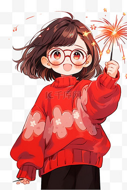 手绘新年女孩烟花免抠元素