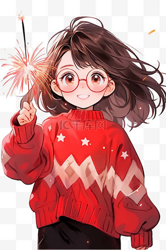 女孩烟花手绘免抠新年元素
