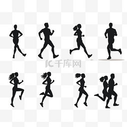 人群活动剪影图片_一组跑步男女。奔跑的人们的剪影