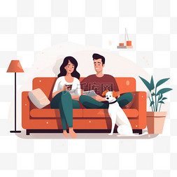 男人和女人带着狗在沙发上放松