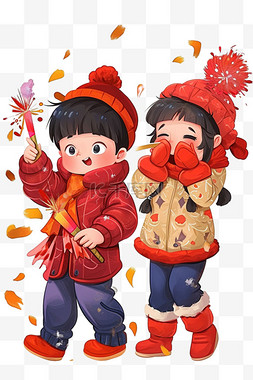 后面图片_卡通手绘新年孩子放烟花元素