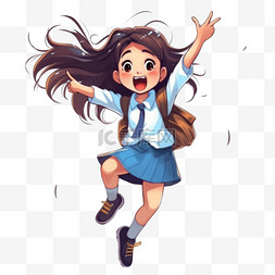 国外青少年图片_可爱开朗的学生女孩跳跃的卡通人