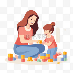 孩子和一个女人玩积木
