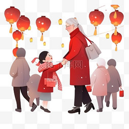 红色的灯图片_卡通手绘新年一家人赏灯元素