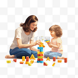 孩子和一个女人玩积木